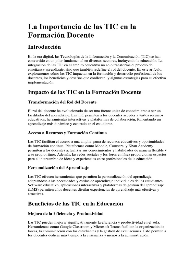 La Importancia de Las TIC en La Formación Docente | PDF | Enseñando ...