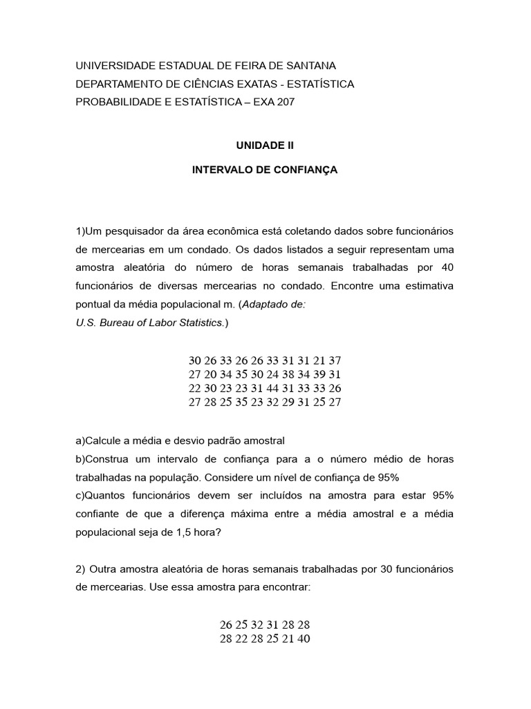 Atividade Intervalo De Confiança Pdf Intervalo De Confiança