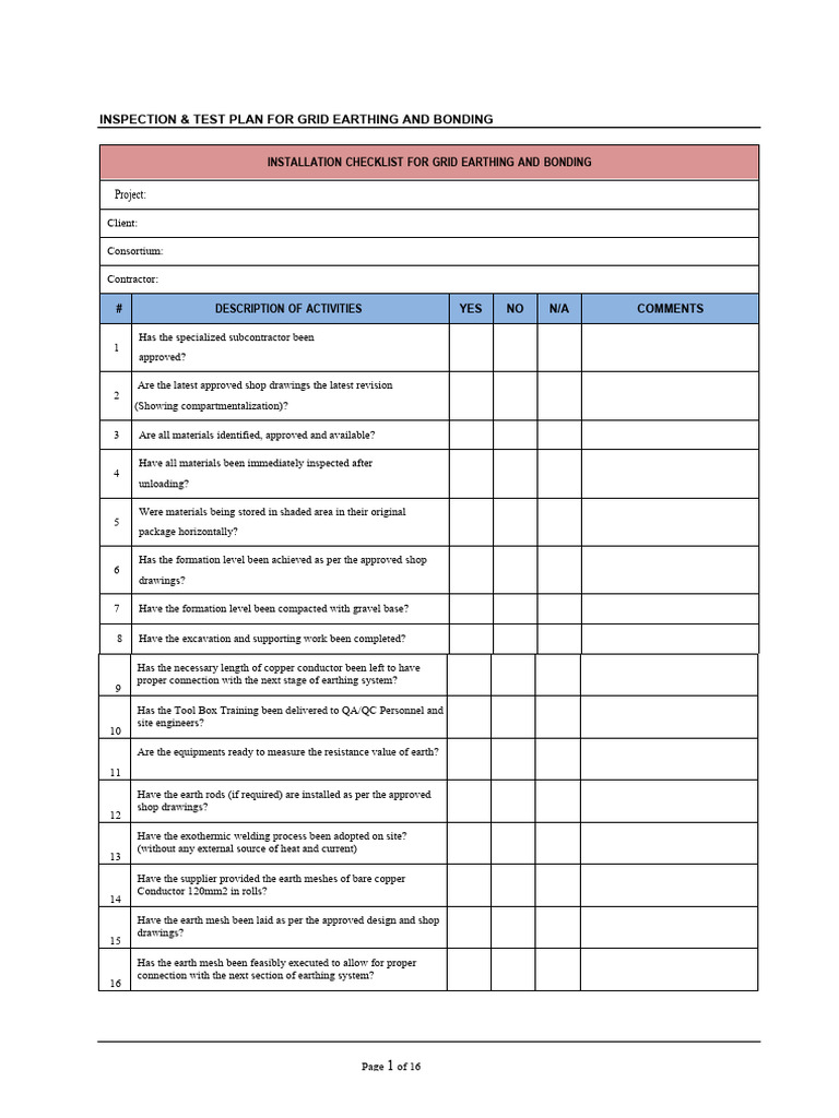 Grid Earthing and Bonding Inspection Plan | PDF | Welding | Construction