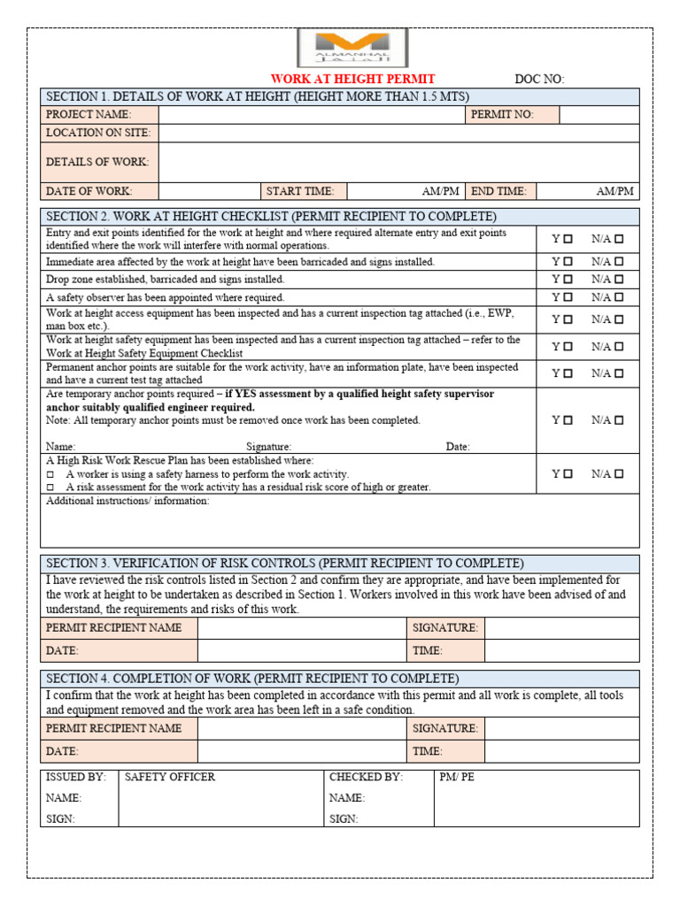 Work at Height Permit Form | PDF | Safety | Occupational Safety And Health