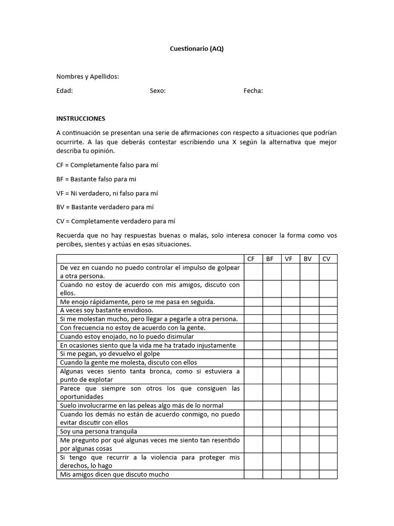 Cuestionario de Autoevaluación AQ | PDF | Relaciones personales ...