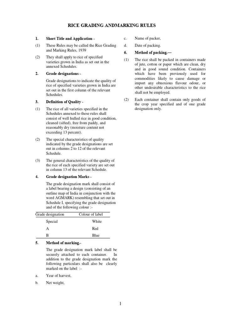 Rice Grading and Marking Rules 1939 | PDF | Rice | Cereals