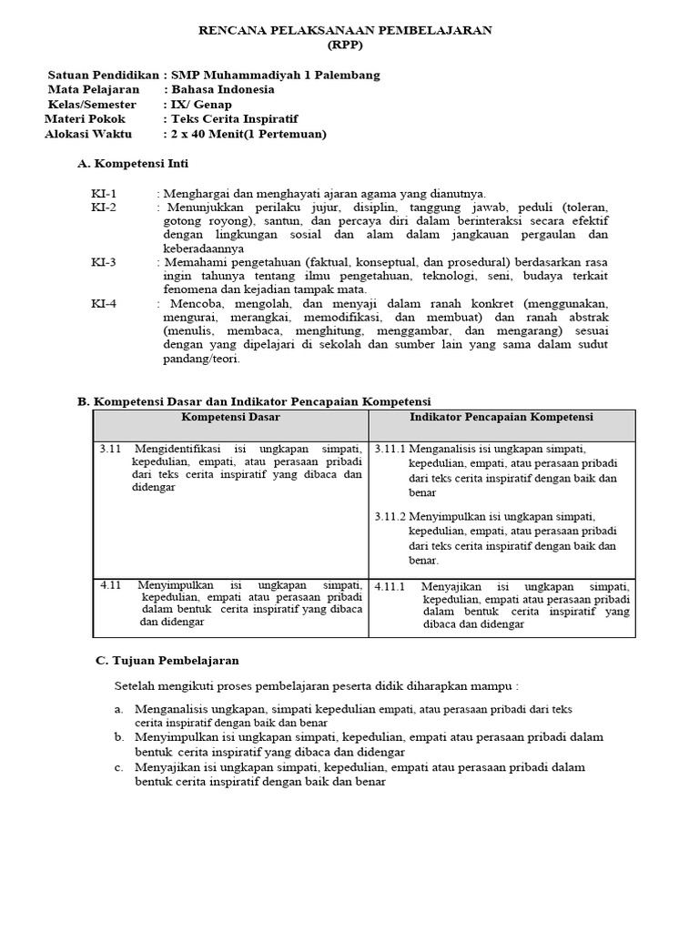 RPP Bahasa Indonesia Kelas IX: Teks Inspiratif | PDF