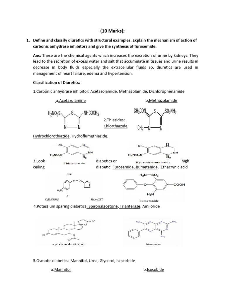 Define and classify diuretics with structural examples PDF