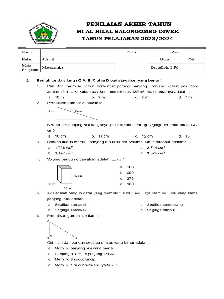 Soal Matematika Kelas 4: Luas dan Volume | PDF