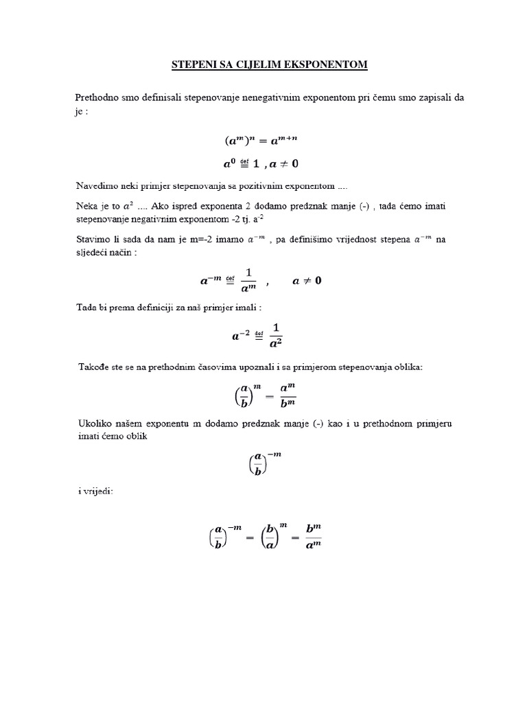 Stepeni Sa Cijelim Exponentom (II Razred Srednje Škole) | PDF