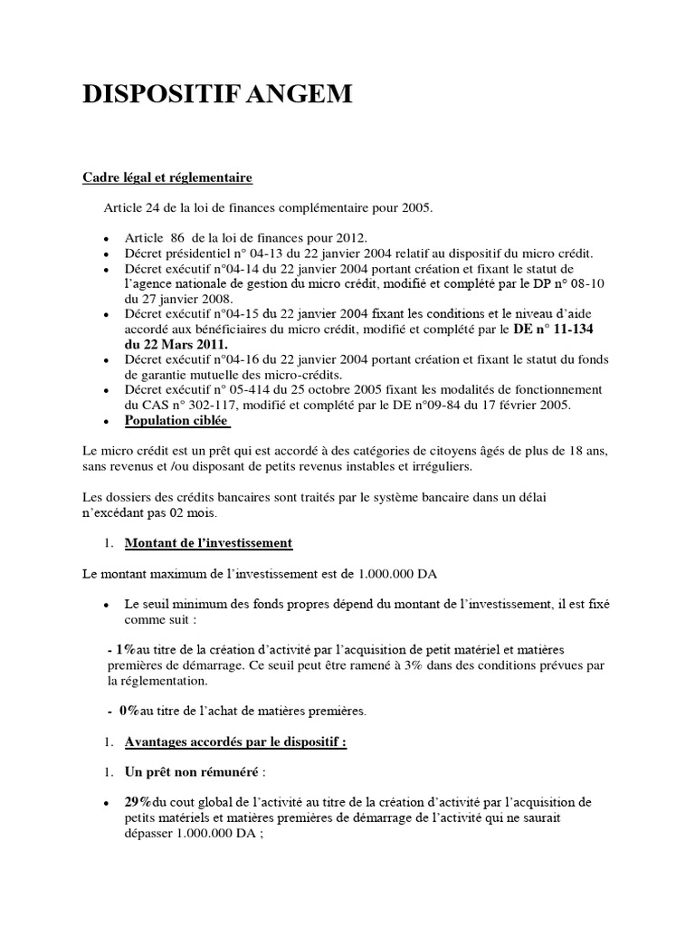 Dispositif ANGEM : Micro Crédit 2025 | PDF | Crédit | Finance et ...
