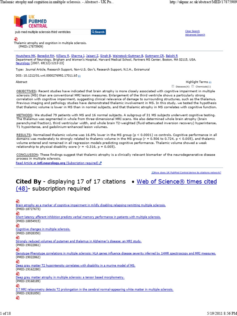 11 Thalamic Atrophy And Cognition In Multiple Sclerosis Download Free