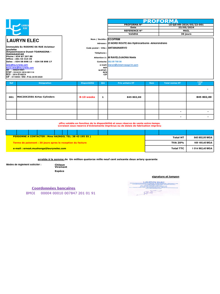 Proforma Lauryn Elec Madagascar | PDF | Paiements | Impôts