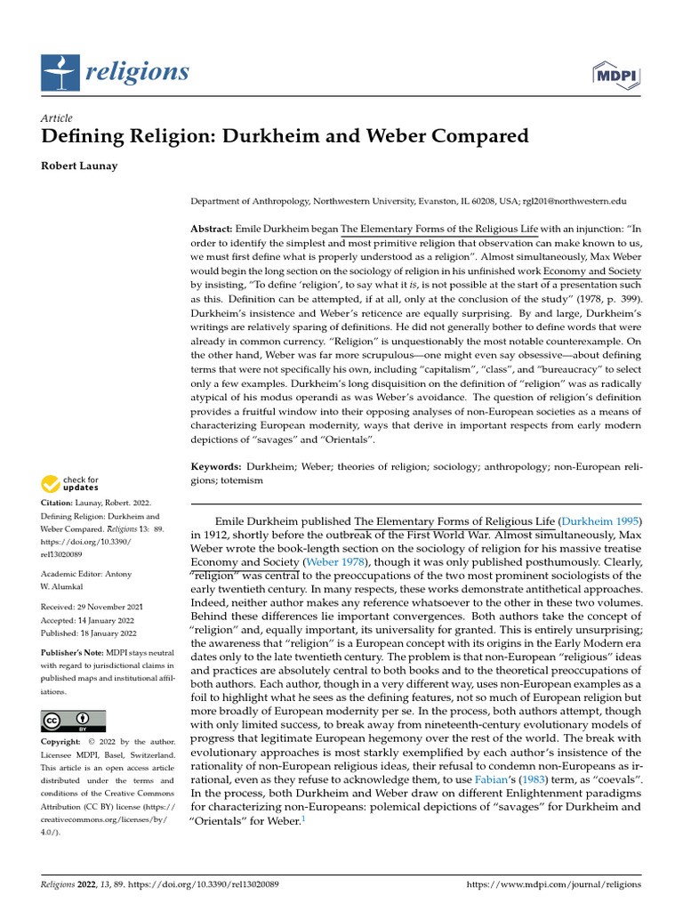 Defining Religion - Durkheim and Weber Compared | PDF | Émile Durkheim ...