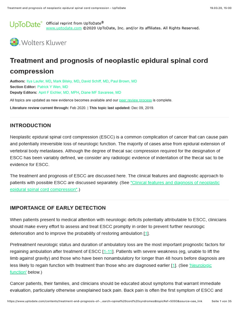Treatment and prognosis of neoplastic epidural spinal cord compression