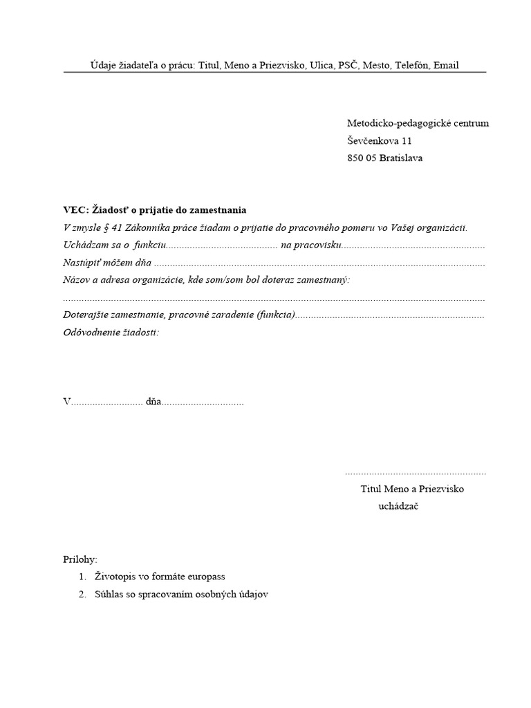 Vzor Ziadosti o Prijatie Do Zamestnania | PDF