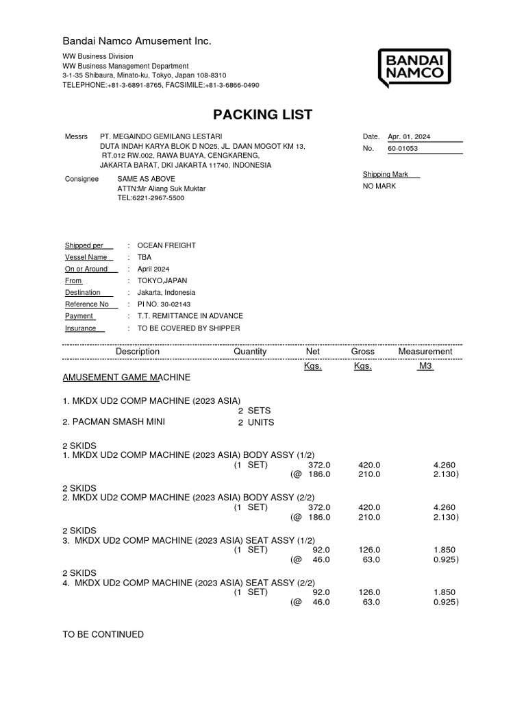 Bandai Namco Shipping Packing List | PDF