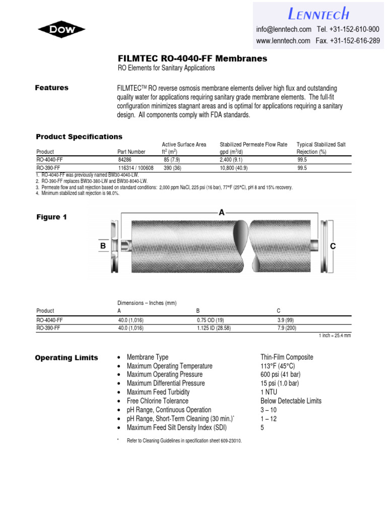 FILMTEC RO-4040-FF Membrane Specs | PDF | Membrane