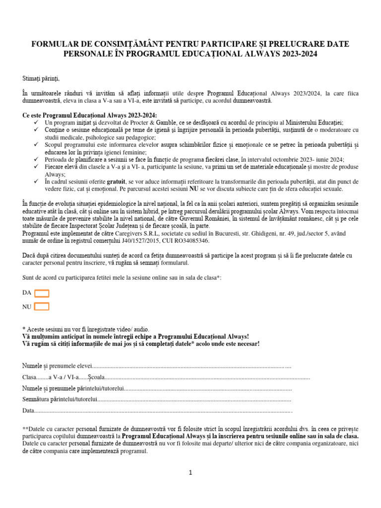 Formular de Participare Parinte - Asp 23-24 - Ro | PDF