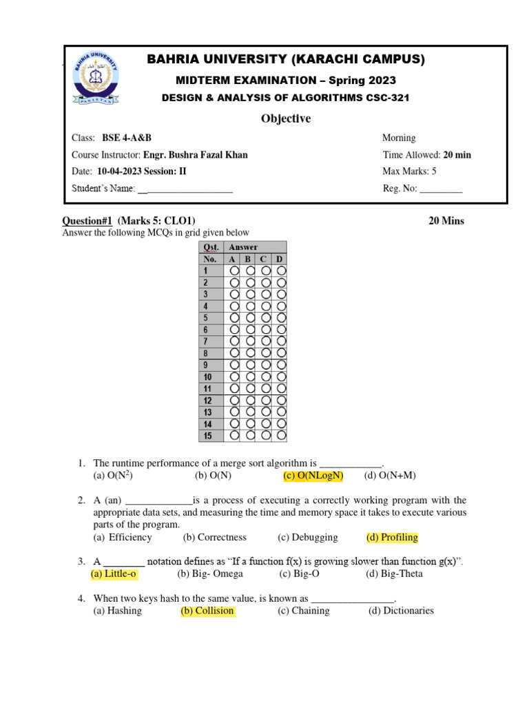 DAA Mids SP2023 Sem 4 03052023 030929pm | PDF | Time Complexity ...