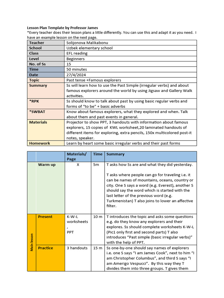 EFL Lesson Plan: Past Tense Explorers | PDF | Linguistics | Grammar