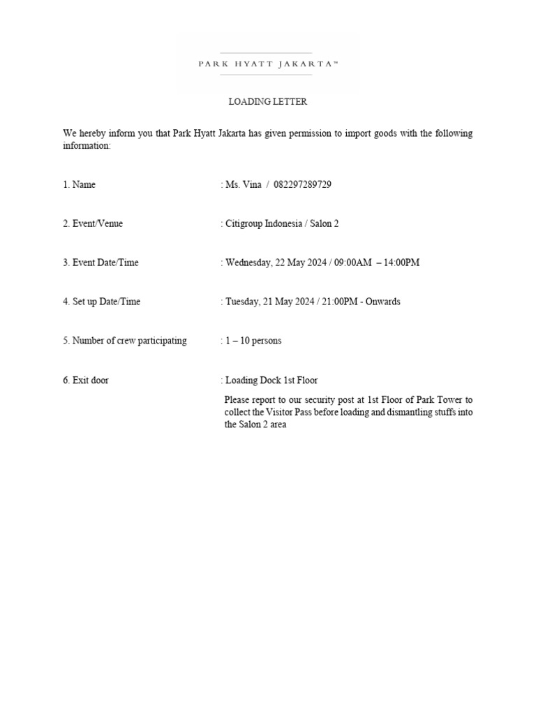 Park Hyatt Jakarta Event Loading Letter | PDF