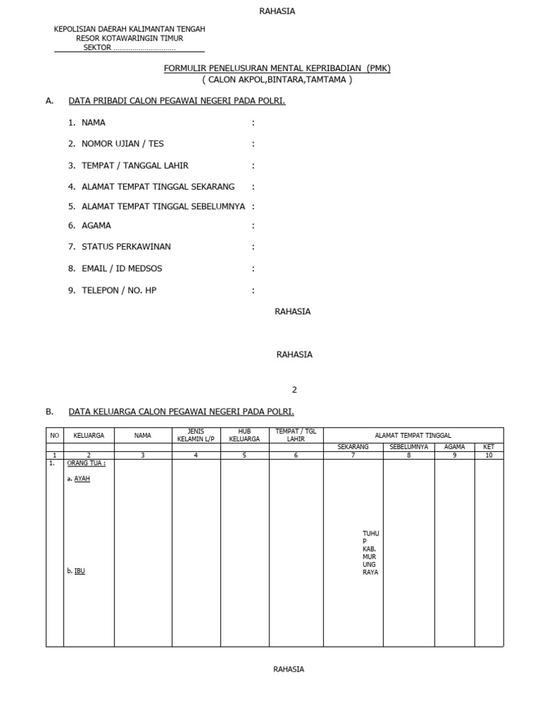 Formulir PMK Calon Pegawai Polri | PDF