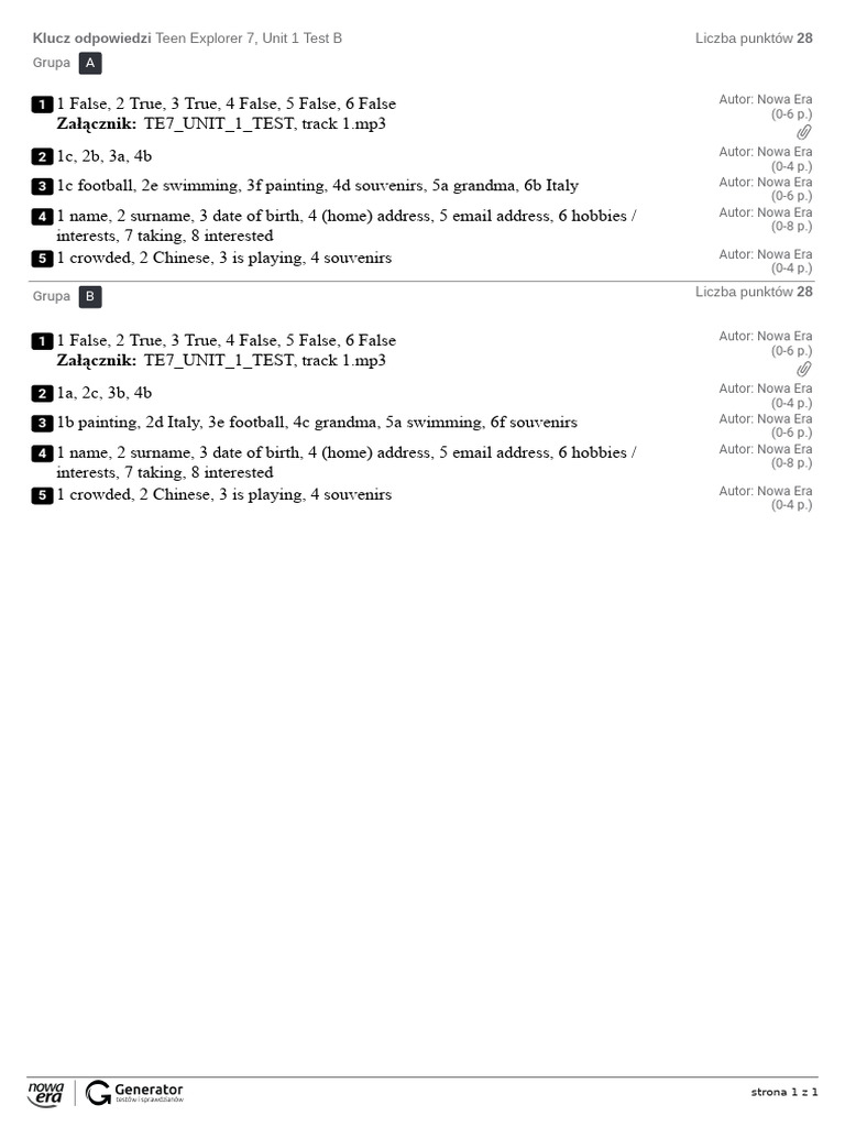 Teen Explorer 7 Unit 1 Test Answers | PDF