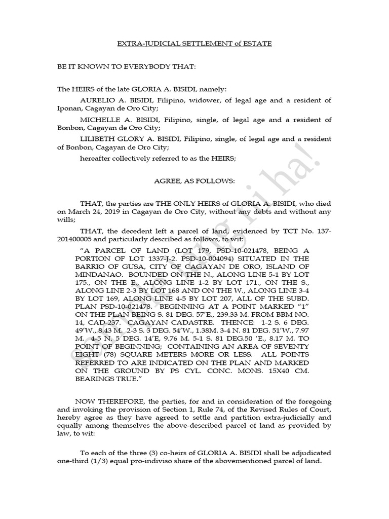 Extra Judicial Settlement - Sample | PDF | Common Law | Legal Documents