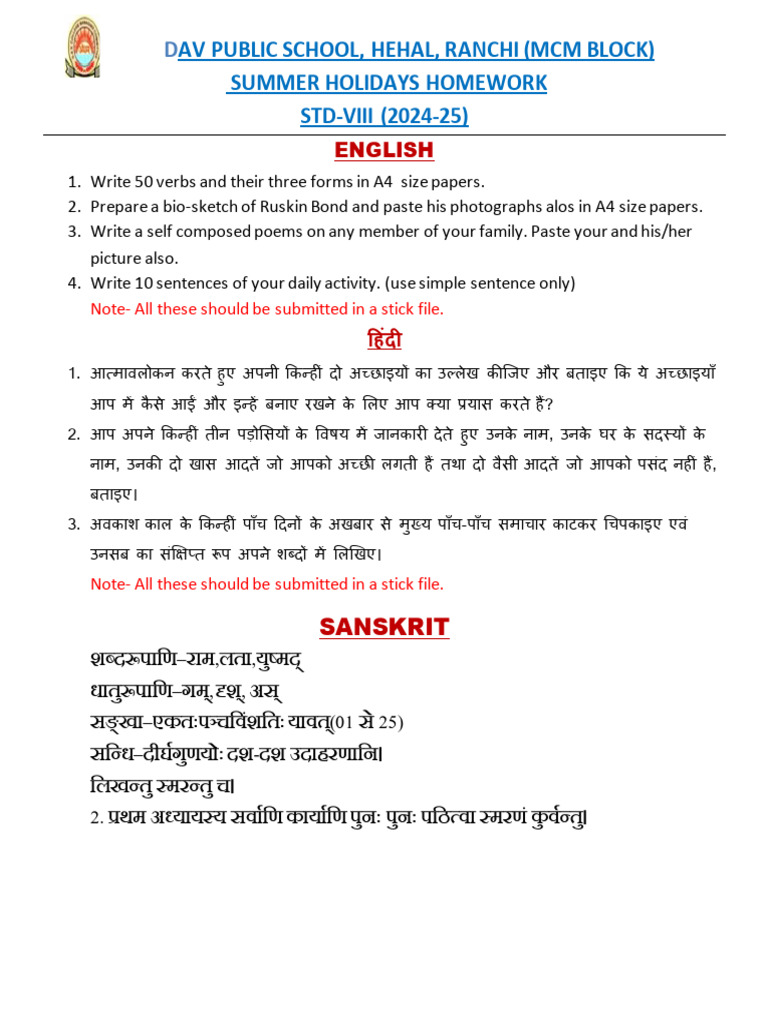 DAV Class 8 Summer Homework 2024-25 | PDF | Foreign Language Studies ...
