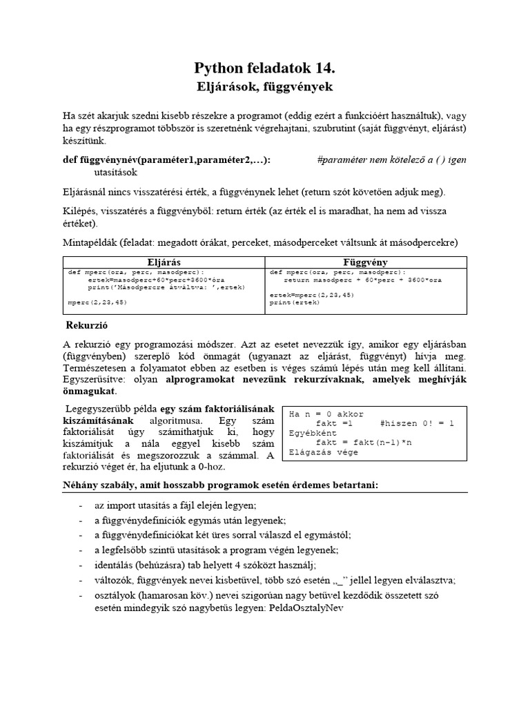 Python Feladatsor 14. Eljárások, Függvények | PDF