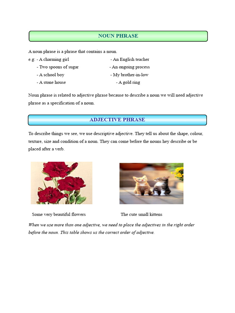 Noun and Adjective Phrase Guide | PDF | Adjective | Noun