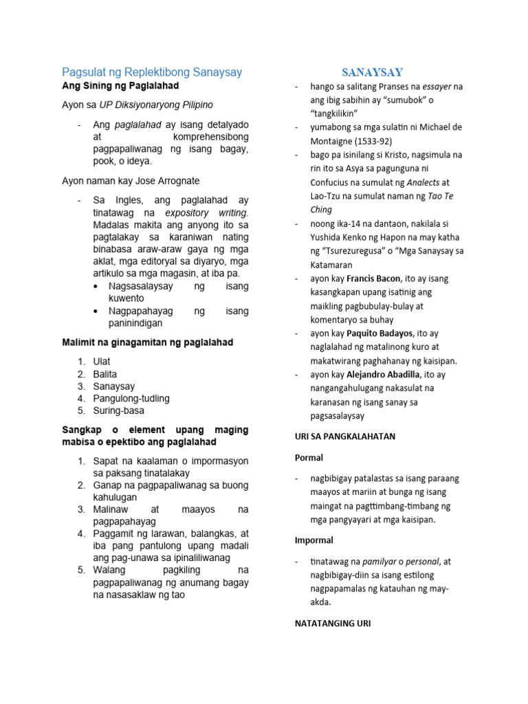 Pagsulat NG Replektibong Sanaysay | PDF