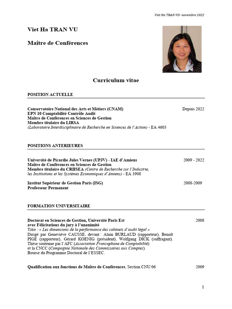 CV de Viet Ha TRAN VU - Maître de Conférences | PDF | Audit ...