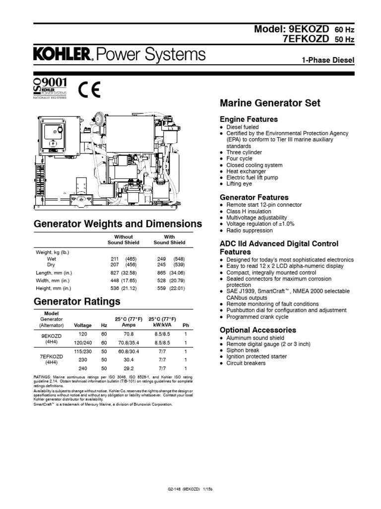 9EKOZD Diesel Marine Generator Specs | PDF | Electric Generator | Engines