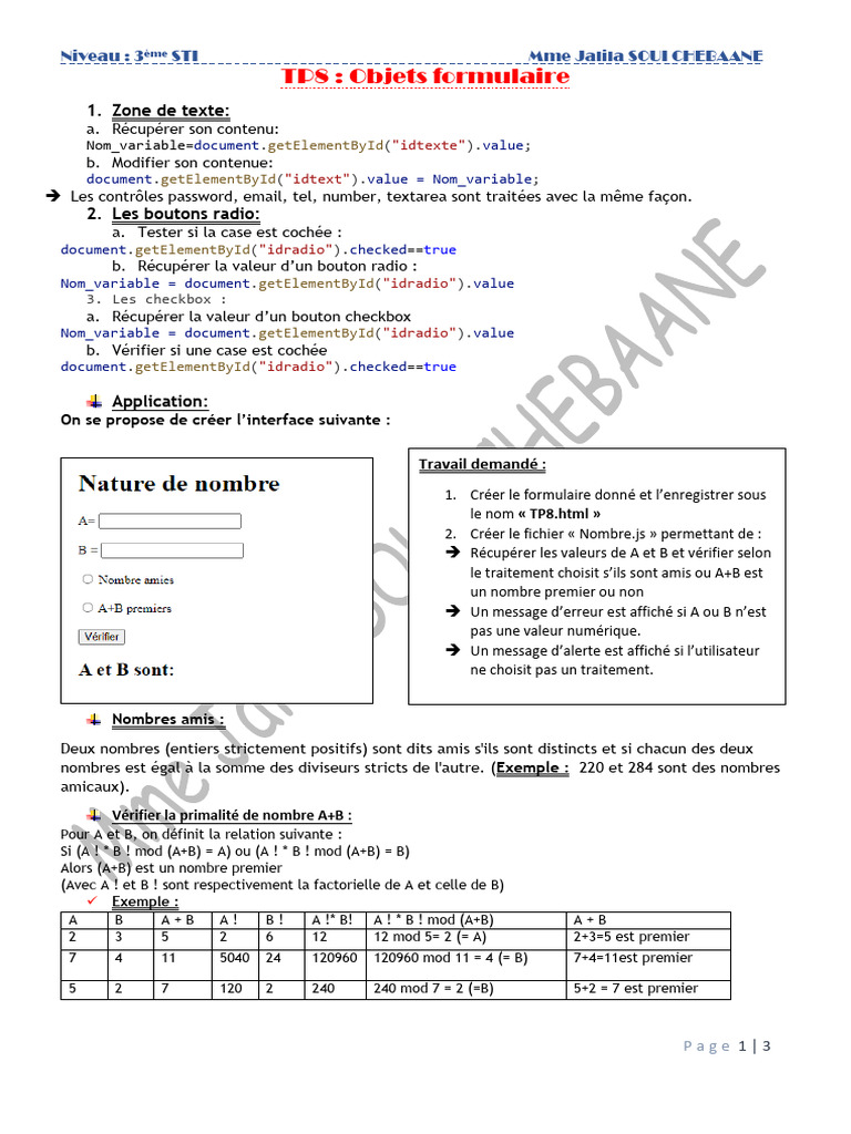 Formulaire JavaScript : Nombres Amis et Premiers | PDF | Programmation ...