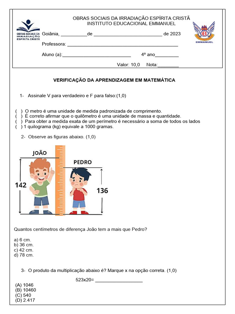 Avaliação de Matemática 4º Ano - 2º Bimestre | PDF