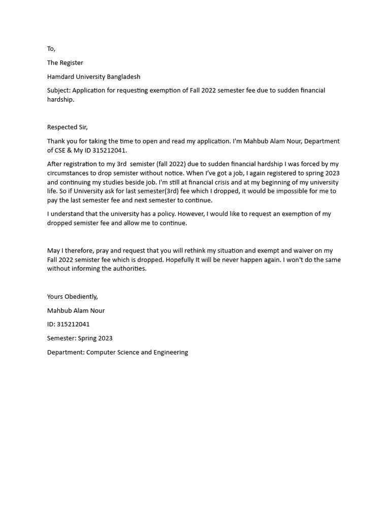 Application For Requesting Exemption of Fall 2022 Semester Fee Due 
