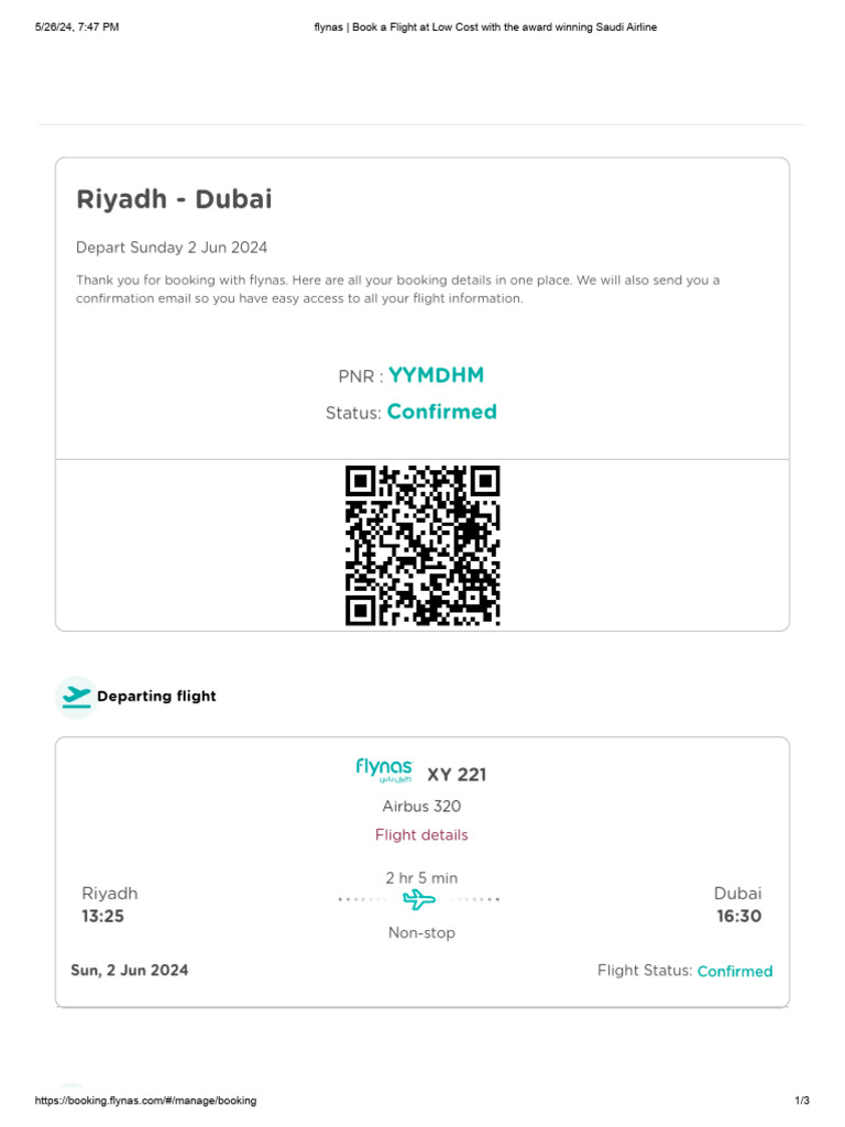 Flynas Flight Confirmation: RUH to DXB | PDF | Low Cost Carrier | Civil ...