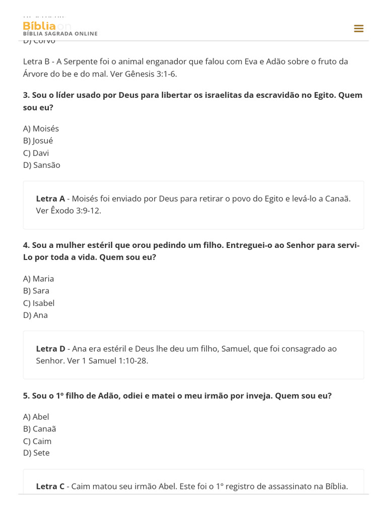 12 Perguntas Bíblicas - Quiz (Nível Fácil) - Bíblia | PDF | Gênesis ...