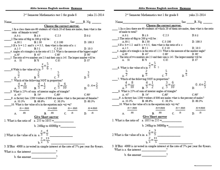 Grade 8 Mathematics Test: Ratios & Interest | PDF | Triangle ...