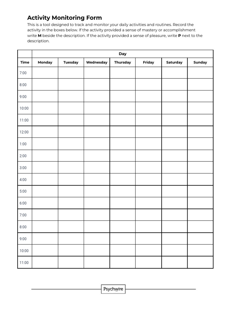 Activity Monitoring Form Weekly (Mastery and Pleasure) | PDF