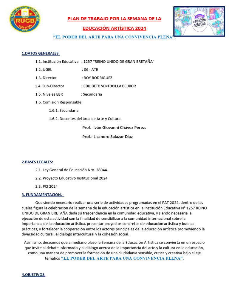 plan de trabajo semana de la educacion artistica 1 | PDF | Educación en ...