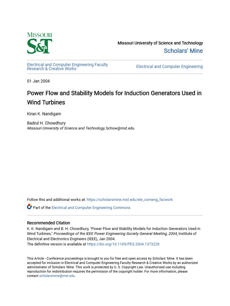 Power Flow and Stability Models For Induction Generators Used in | PDF ...