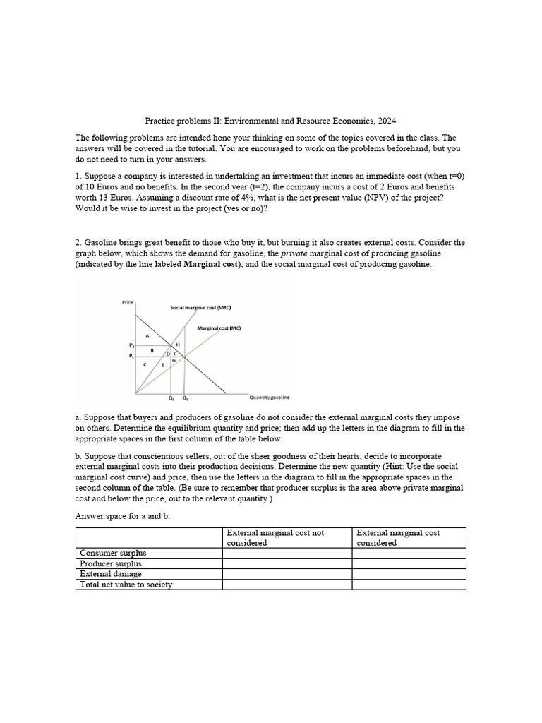 Environmental Economics Practice Problems | PDF | Marginal Cost | Net ...