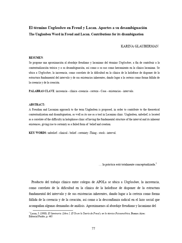 Unglauben: Freud y Lacan en Clínica | PDF | Jacques Lacan | Psicoanálisis