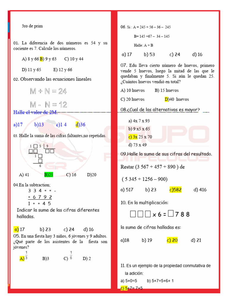 Ejercicios de Matemáticas para 3ro de Primaria | PDF | Matemáticas ...