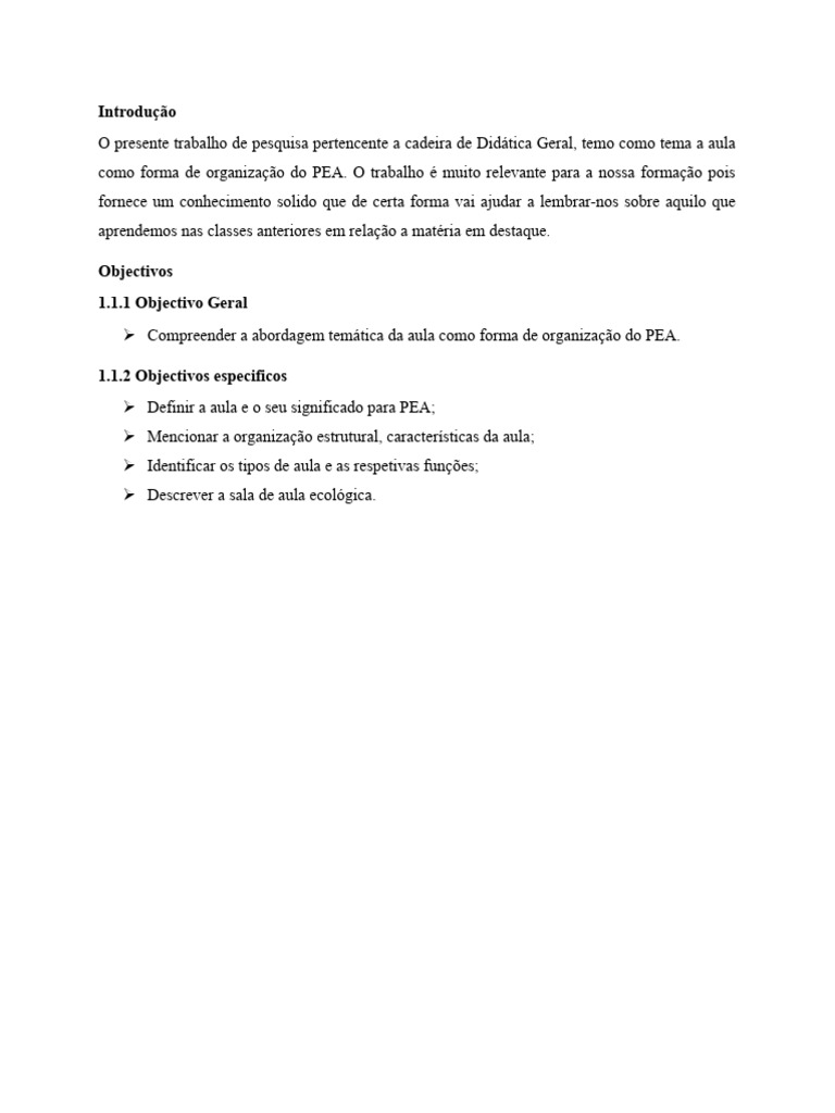 Aula como Organização do PEA | PDF | Lição | Aprendizado