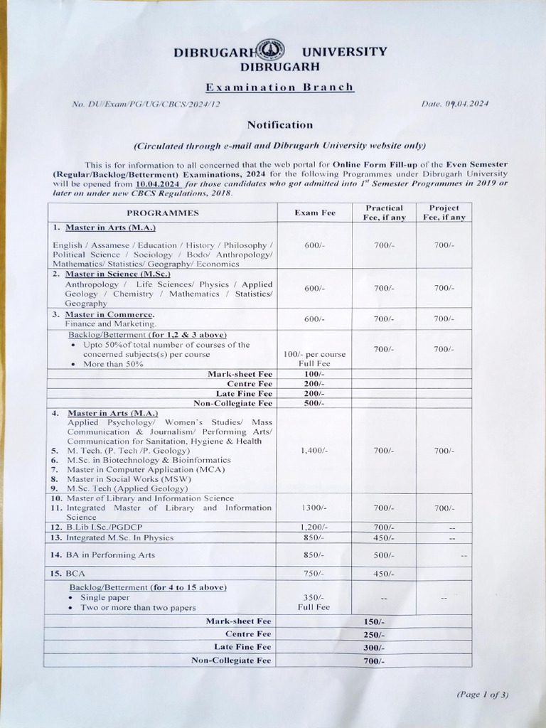 Exam Form Fillup Notification 2024 | PDF