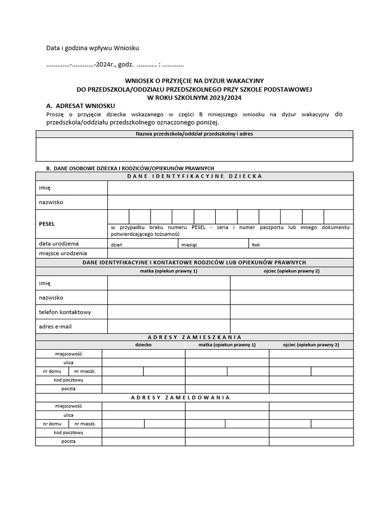 Wniosek O Przyjecie Do Przedszkola Na Dyzur Wakacyjny Druk 2 PDF