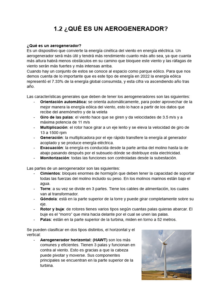 Aerogeneradores: Funcionamiento y Tipos | PDF | Energía eólica | Herida