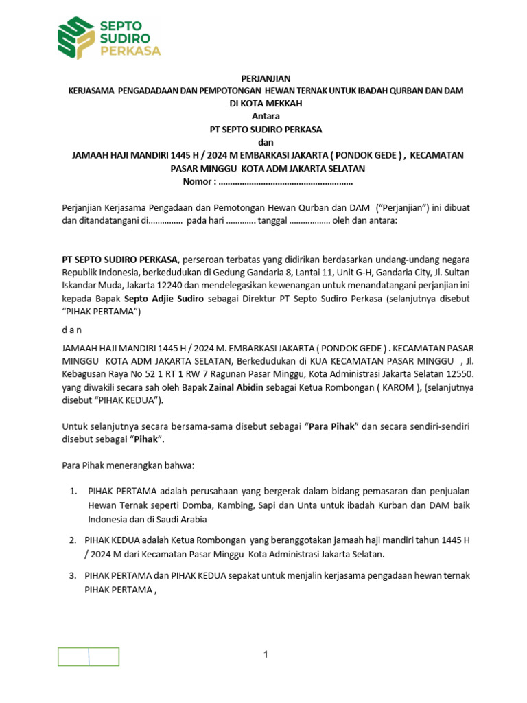 Draft Kontrak Kerja Sama DAM DGN Myindoqurban | PDF