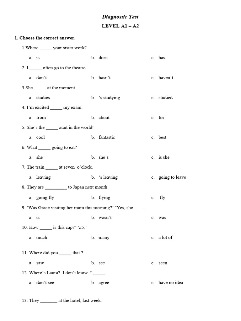 Diagnostic test a1 a2 grammar pdf linguistics