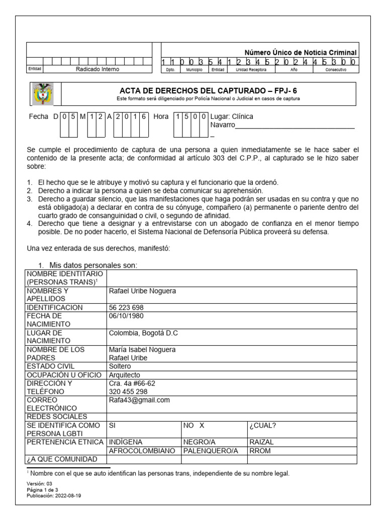 Acta de Derechos del Capturado FPJ-6 | PDF | Justicia | Crimen y violencia
